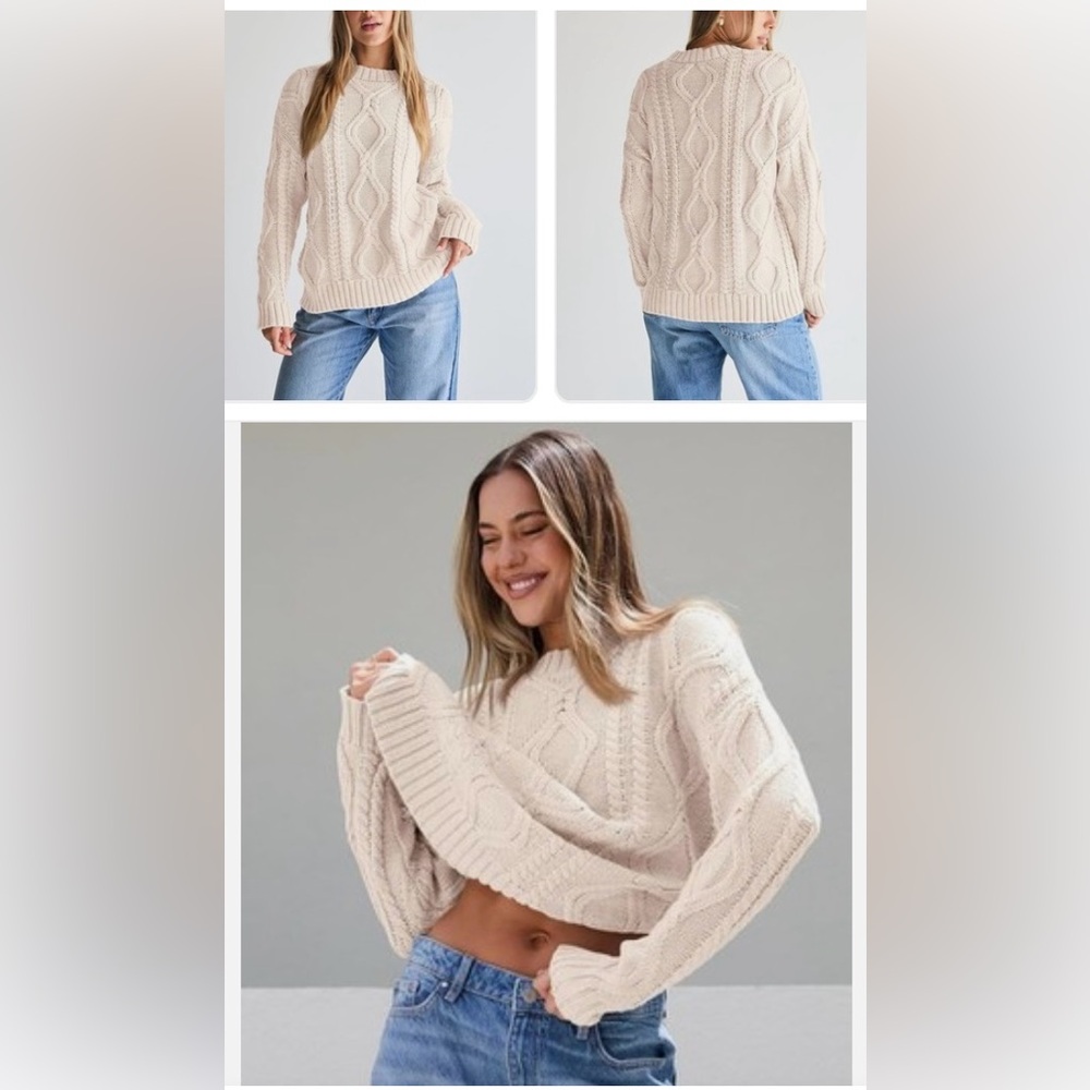 Cable Knit Crewneck Sweater in Cream